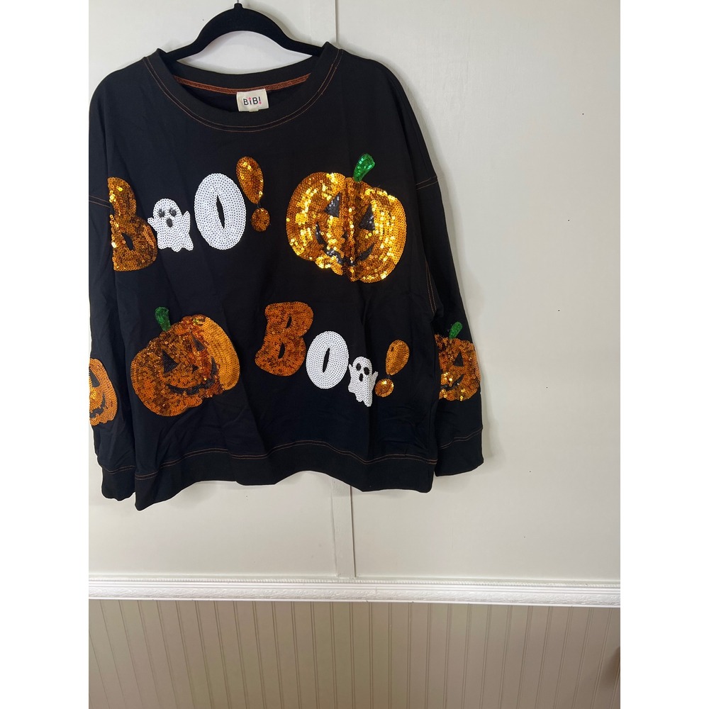 BIBI Womens Halloween Sequin Boo Pumpkin Ghost Sweatshirt Black Large New - Picture 6 of 13